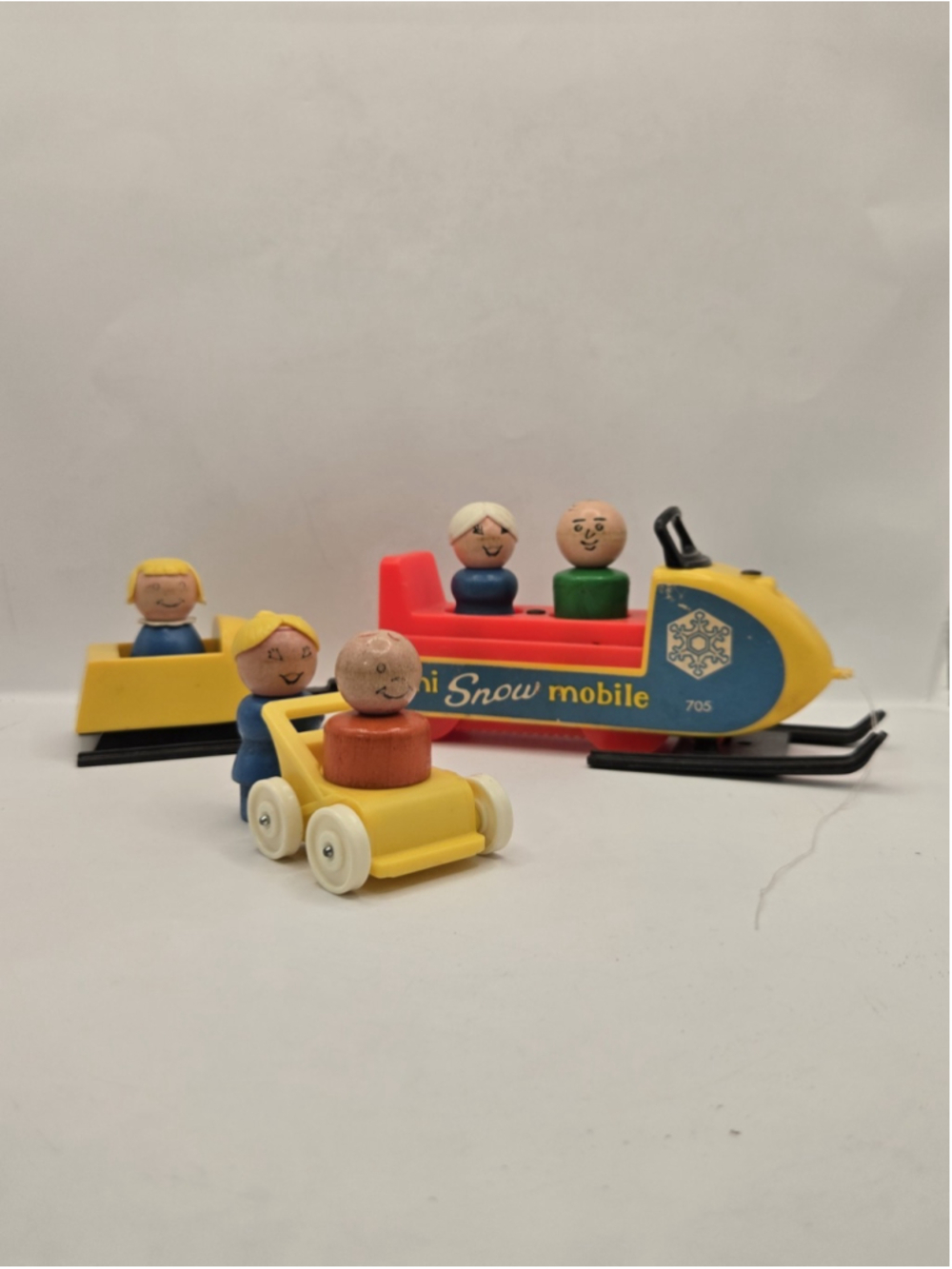 Vintage Lot Of 1970 Fisher Price Little People 705 Mini Snowmobile & Accessories